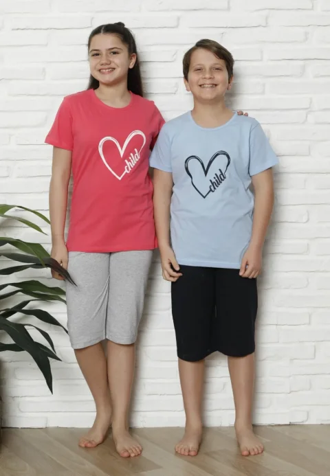 Pijama familie-copii, bumbac, mânecă scurtă și pantaloni 3/4, roz — imagine 3