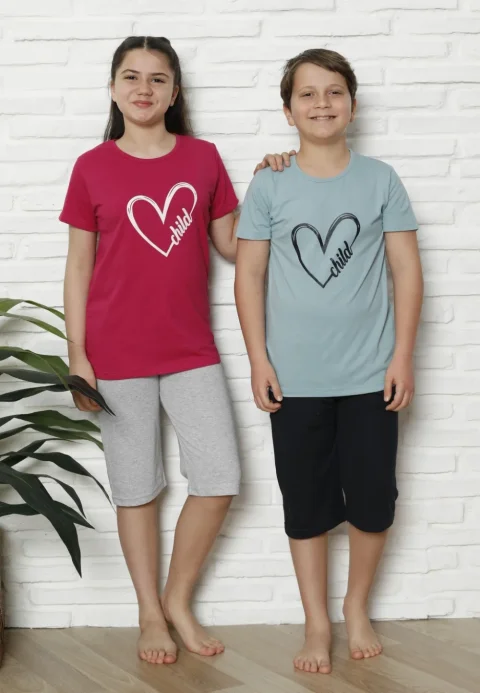 Pijama familie-copii, bumbac, mânecă scurtă și pantaloni 3/4, fucsia — imagine 1