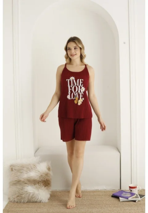Pijama dama din bumbac cu imprimeu "Time For Love'', maiou si pantaloni scurti, rosu — imagine 2