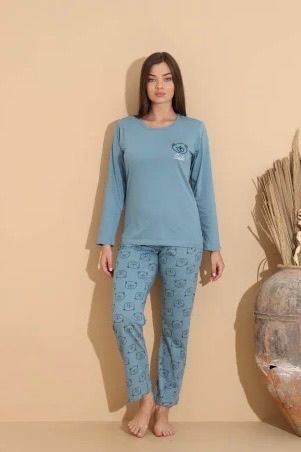 Pijama damă albastru deschis, bluză „Cute” cu ursuleț și pantaloni cu imprimeu ursuleți – 100% bumbac — imagine 1