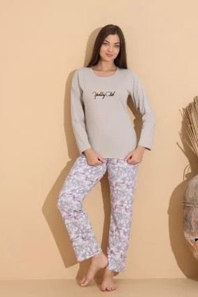 Pijama damă gri „Yachting Club” cu pantaloni lungi floral – 100% bumbac — imagine 2