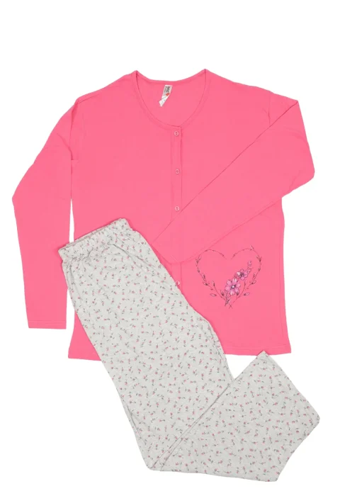 Pijama damă  roz big size din bumbac mânecă lungă și pantaloni lungi gri