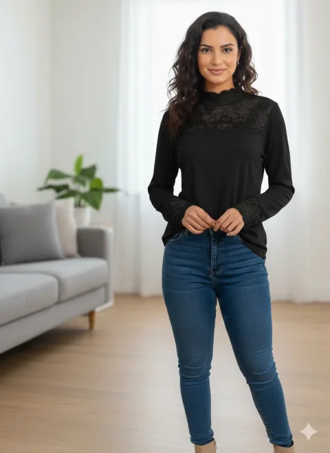 Maletă damă culoare maro cu dantelă la gât și mâneci