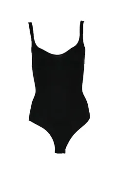 Body modelator dama cu bretele groase, material elastic si respirabil de culoare negru