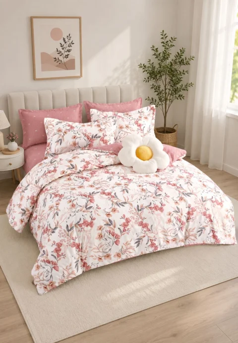 Lenjerie de pat finet cu elastic 6 piese – model floral roz-crem — imagine 1