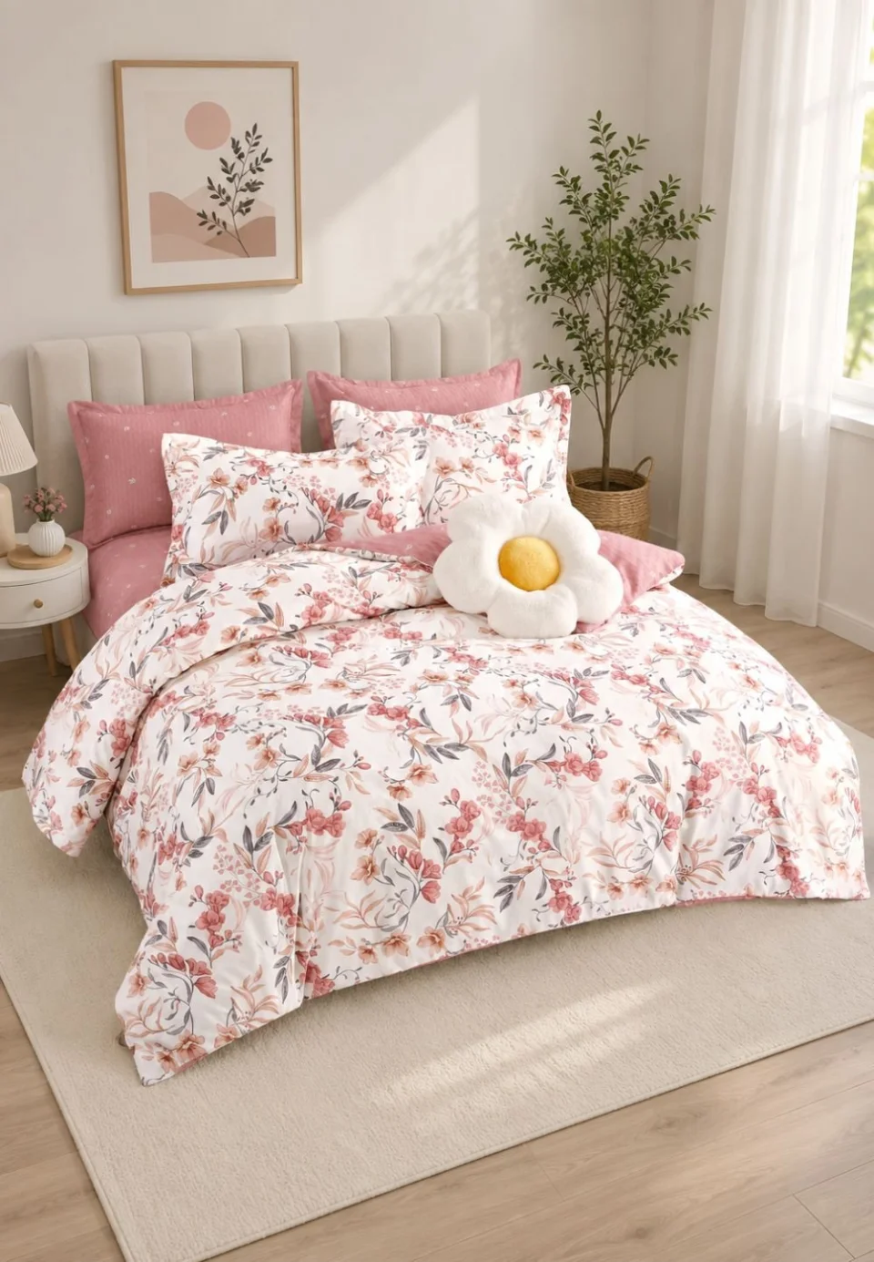 Lenjerie de pat finet cu elastic 6 piese – model floral roz-crem
