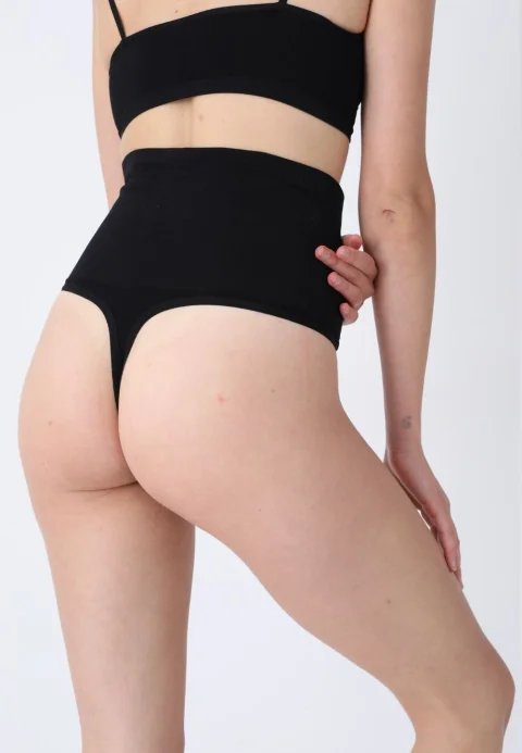 Corset modelator cu talie înaltă și chilot tanga – negru — imagine 2