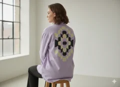 Cămașă denim damă lila cu nasturi și imprimeu pe spate și mâneci