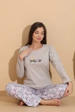Pijama damă gri „Yachting Club” cu pantaloni lungi floral – 100% bumbac