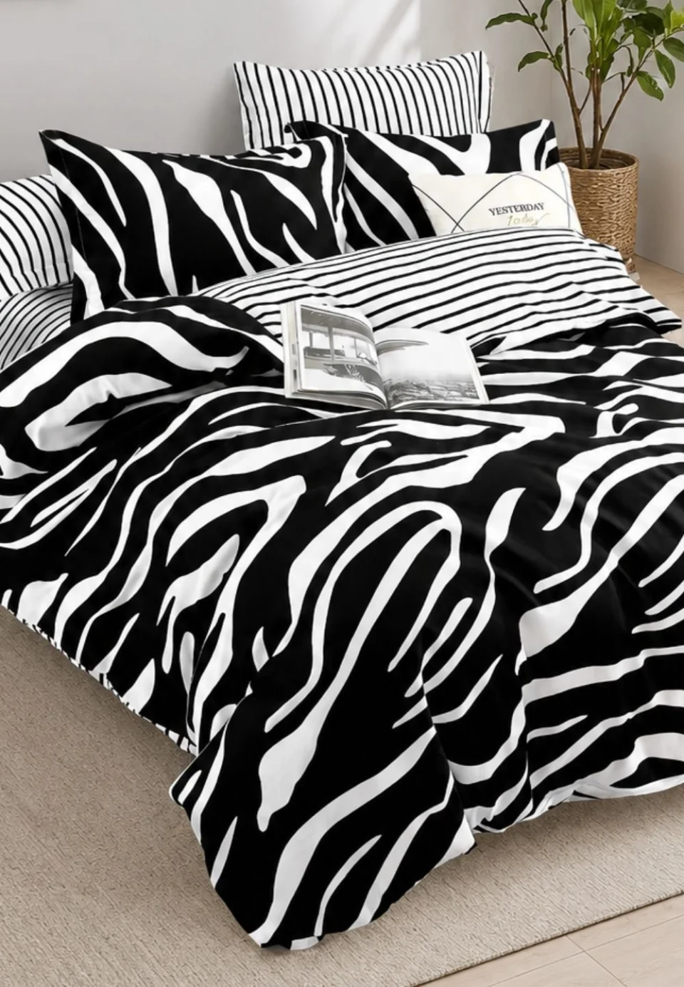 Lenjerie de pat finet cu cearceaf normal 6 piese NEGRU X ALB ZEBRA