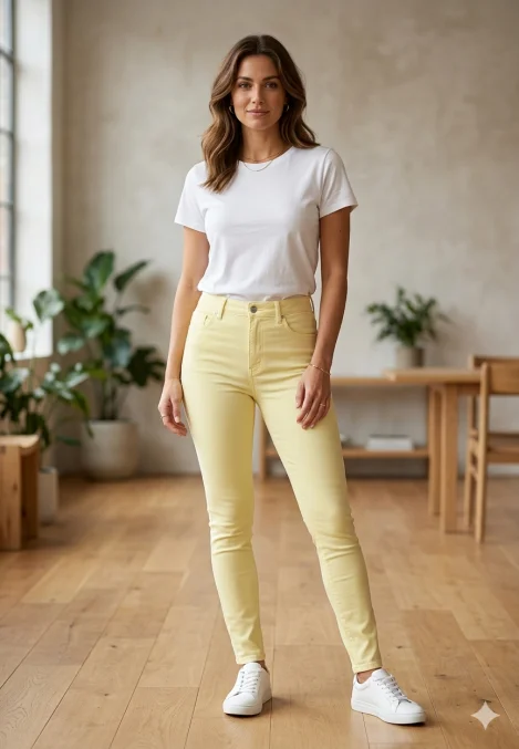 Blugi damă skinny talie înaltă – material elastic, subțire, galben