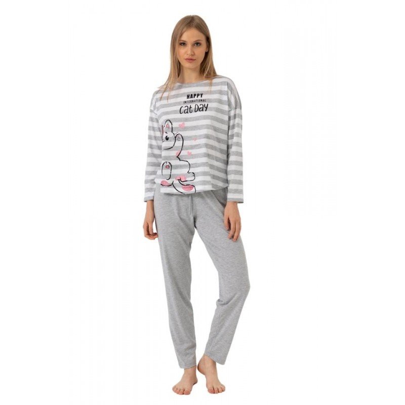 Pijamale damă  gri cu mânecă lungă și pantaloni lungi, imprimeu Cat Day