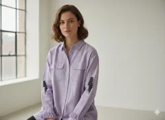 Cămașă denim damă lila cu nasturi și imprimeu pe spate și mâneci