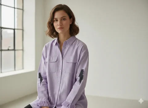 Cămașă denim damă lila cu nasturi și imprimeu pe spate și mâneci — imagine 1