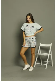 Pijama damă, cu mânecă scurtă  și pantaloni scurti din bumbac, imprimeu ,,Love You''