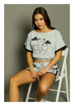 Pijama damă, cu mânecă scurtă  și pantaloni scurti din bumbac, imprimeu ,,Love You''