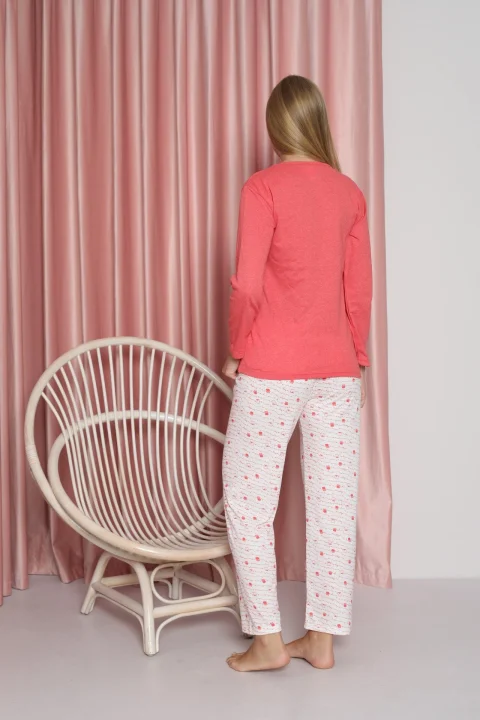 Pijama damă, cu mânecă lungă și pantaloni lungi din bumbac, imprimeu bufniță — imagine 3
