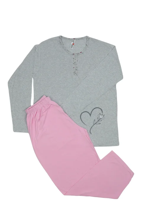 Pijama damă GRI big size din bumbac mânecă lungă și pantaloni lungi ROZ