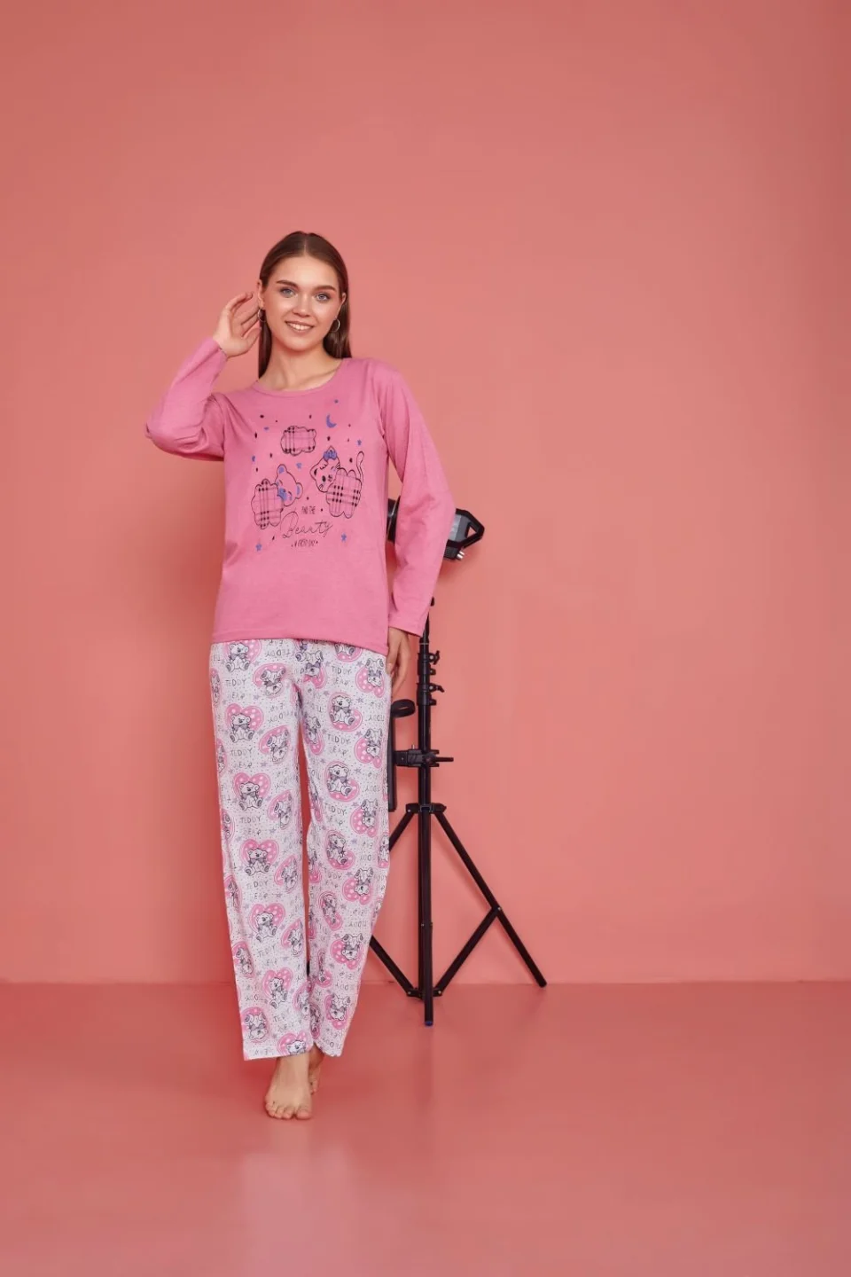Pijama damă, cu mânecă lungă și pantaloni lungi din bumbac, imprimeu ursuleti