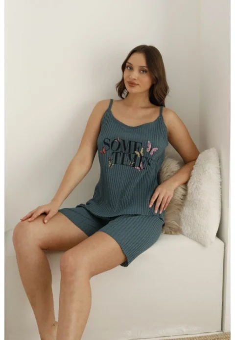 Pijama damă, maneca scurta si pantaloni scurti, culoare albastru, imprimeu ,,Some Times'' — imagine 2