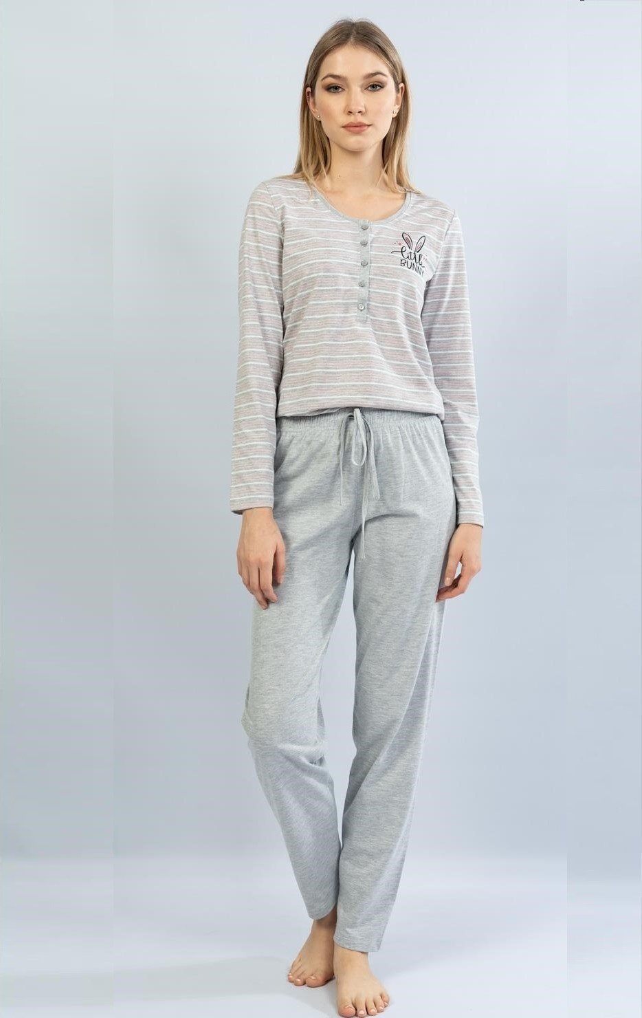 Pijamale damă cu mânecă lungă și pantaloni lungi, imprimeu Little Bunny, gri/roz