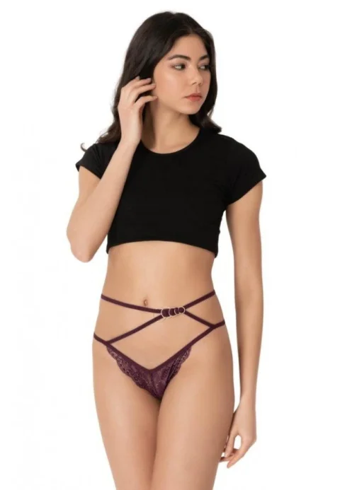 Chiloti dama Cottonhill, model sexy, tanga cu barete, accesorizati, mov inchis — imagine 1