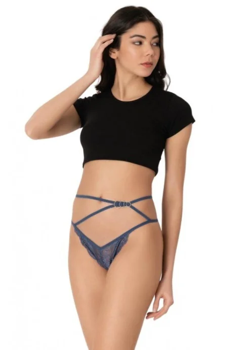 Chiloti dama Cottonhill, model sexy, tanga cu barete, accesorizati, albastru — imagine 1