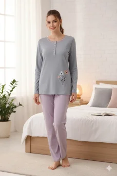 Pijama damă big size din bumbac mânecă lungă și pantaloni lungi lila