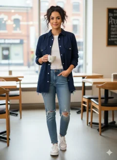 Cămașă denim damă bleumarin cu capse și buzunare la piept