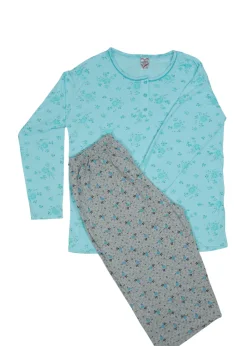 Pijama damă big size din bumbac mânecă lungă și pantaloni lungi, VERDE