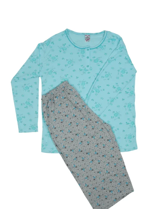 Pijama damă big size din bumbac mânecă lungă și pantaloni lungi, VERDE — imagine 2