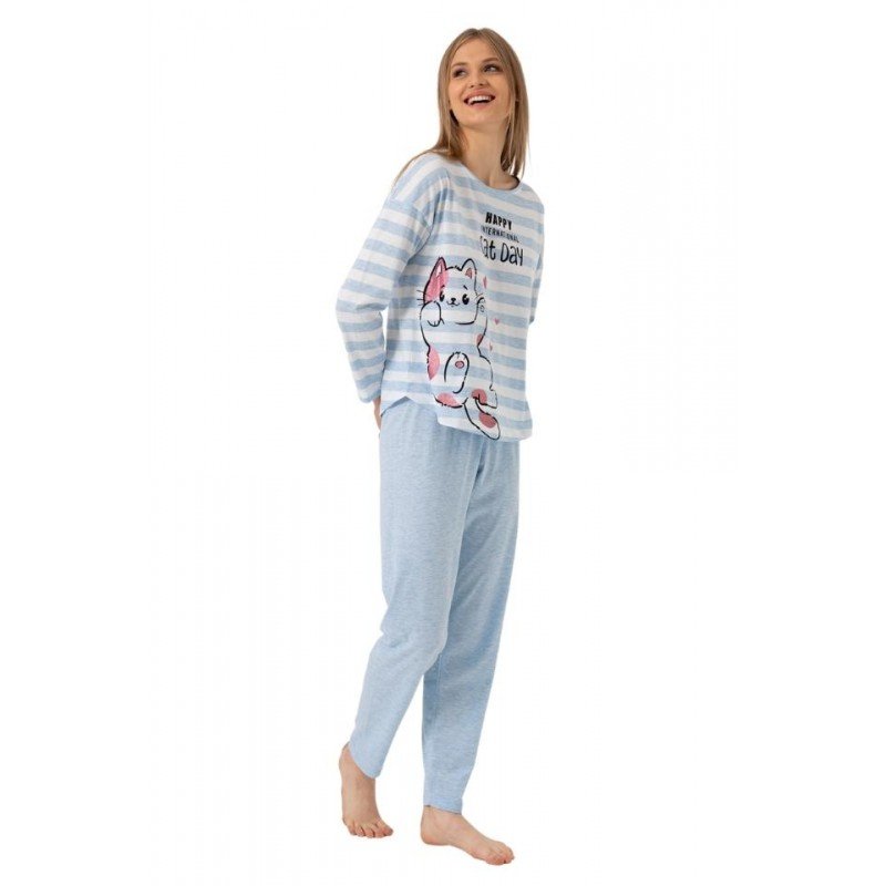 Pijamale damă cu mânecă lungă și pantaloni lungi, imprimeu Cat Day, blue
