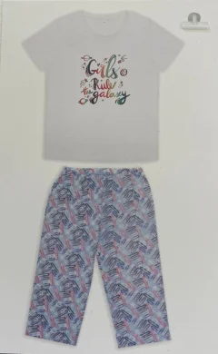 Pijama damă Freenight alb, bumbac, imprimeu „Girls Rule Galaxy”, tricou, pantaloni 3/4