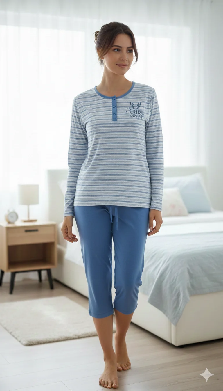 Pijamale damă cu mânecă lungă și pantaloni lungi, imprimeu Little Bunny, Albastru