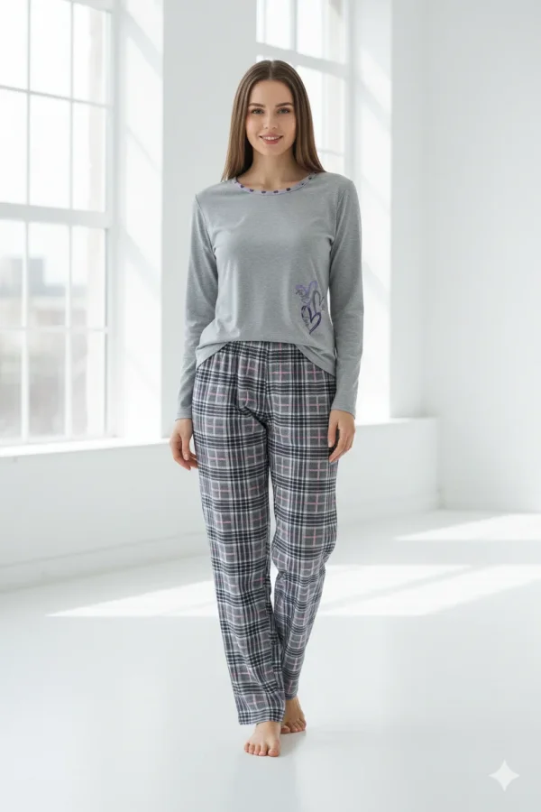 Pijama damă Gri big size din bumbac mânecă lungă și pantaloni lungi cu carouri