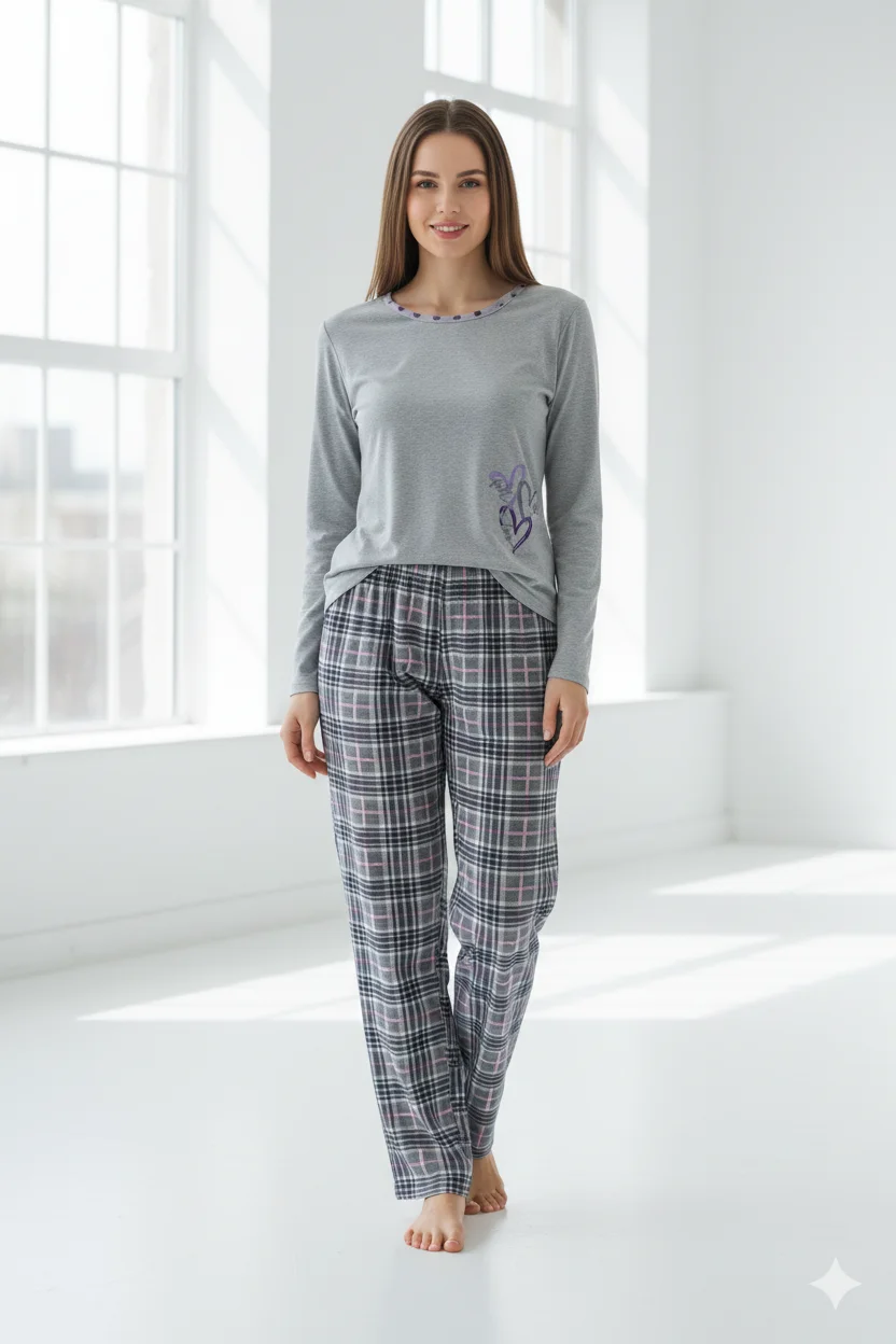 Pijama damă Gri big size din bumbac mânecă lungă și pantaloni lungi cu carouri