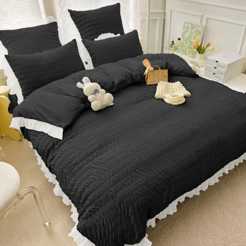 Lenjeri de pat creponata  din Bumbac Policoton NEGRU CU ALB 4951 — imagine 1