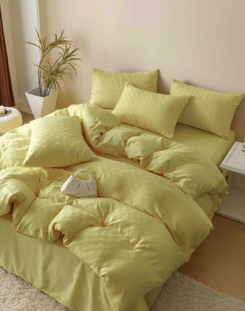 Lenjerie de pat Jacquard finet cu cearceaf normal 6 piese GALBEN JF-17 — imagine 1