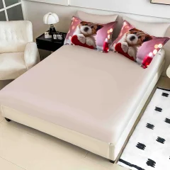 Lenjerie de pat o persoana, imprimeu digital 5D cu elastic 4 piese BEIGE si ROZ