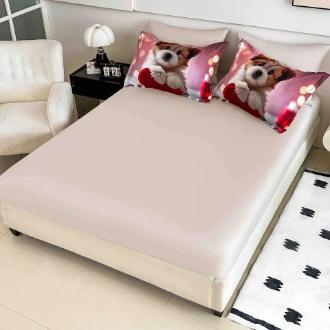 Lenjerie de pat o persoana, imprimeu digital 5D cu elastic 4 piese BEIGE si ROZ — imagine 3
