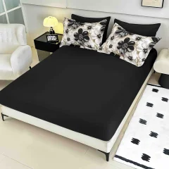 Lenjerie de pat o persoana, imprimeu digital 5D cu elastic 4 piese ALB cu NEGRU