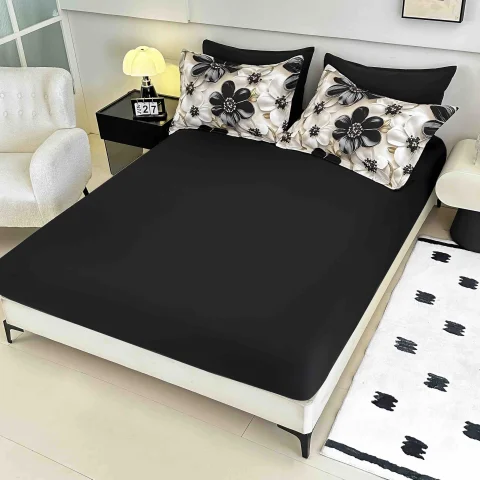 Lenjerie de pat o persoana, imprimeu digital 5D cu elastic 4 piese ALB cu NEGRU — imagine 3