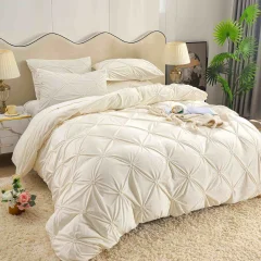Lenjerie de pat din catifea cu pliuri, 4 piese, pentru pat dublu, culoare CREM