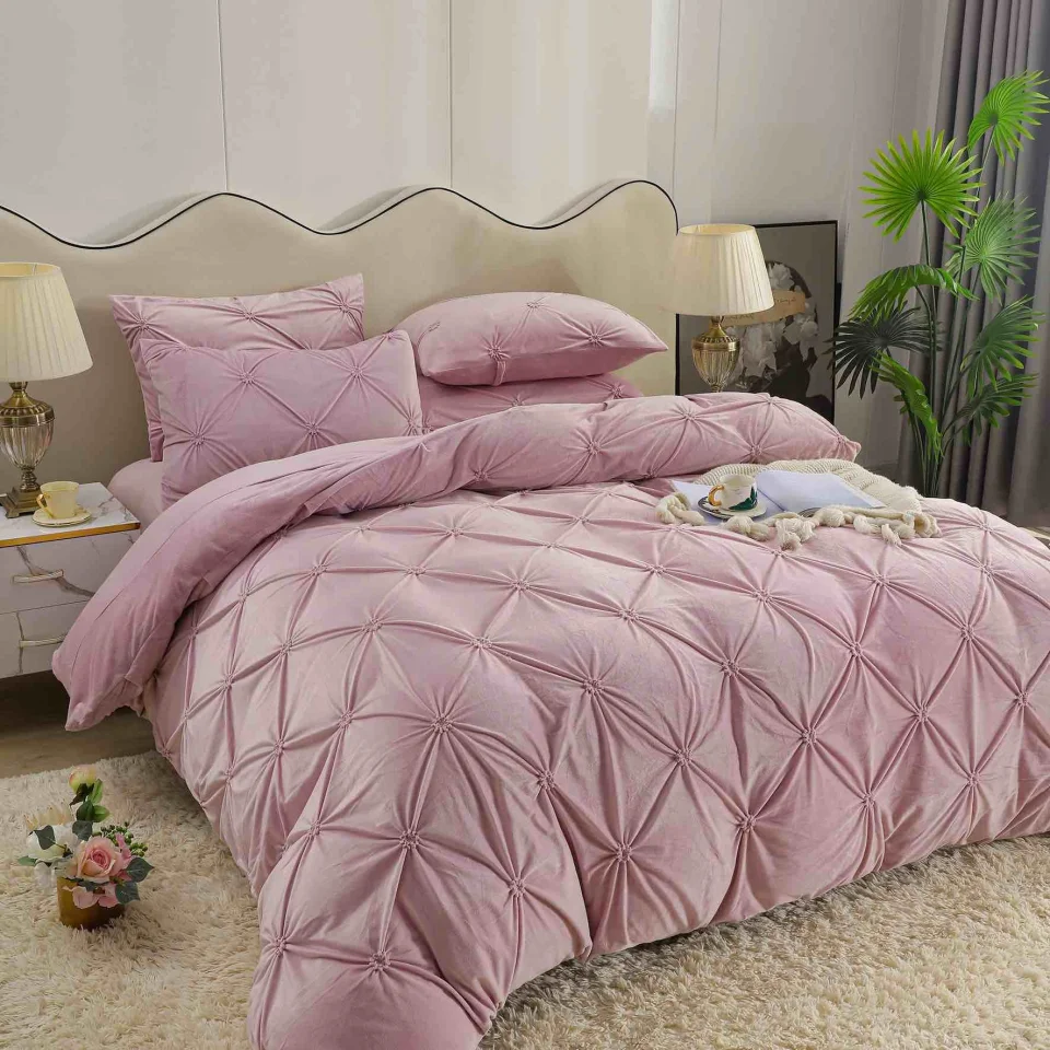 Lenjerie de pat din catifea cu pliuri, 4 piese, pentru pat dublu, culoare LILA