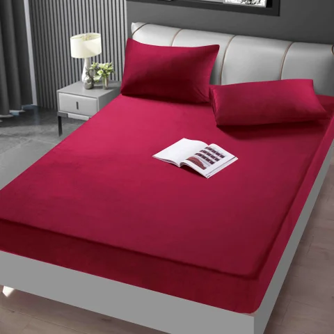 Husa de pat din catifea cu elastic pentru pat de 2 persoane BORDO-013