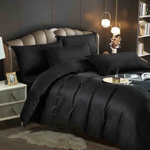 Lenjerie de pat cu elastic,  Damasc 6 piese 100 % bumbac NEGRU-1088 — imagine 1