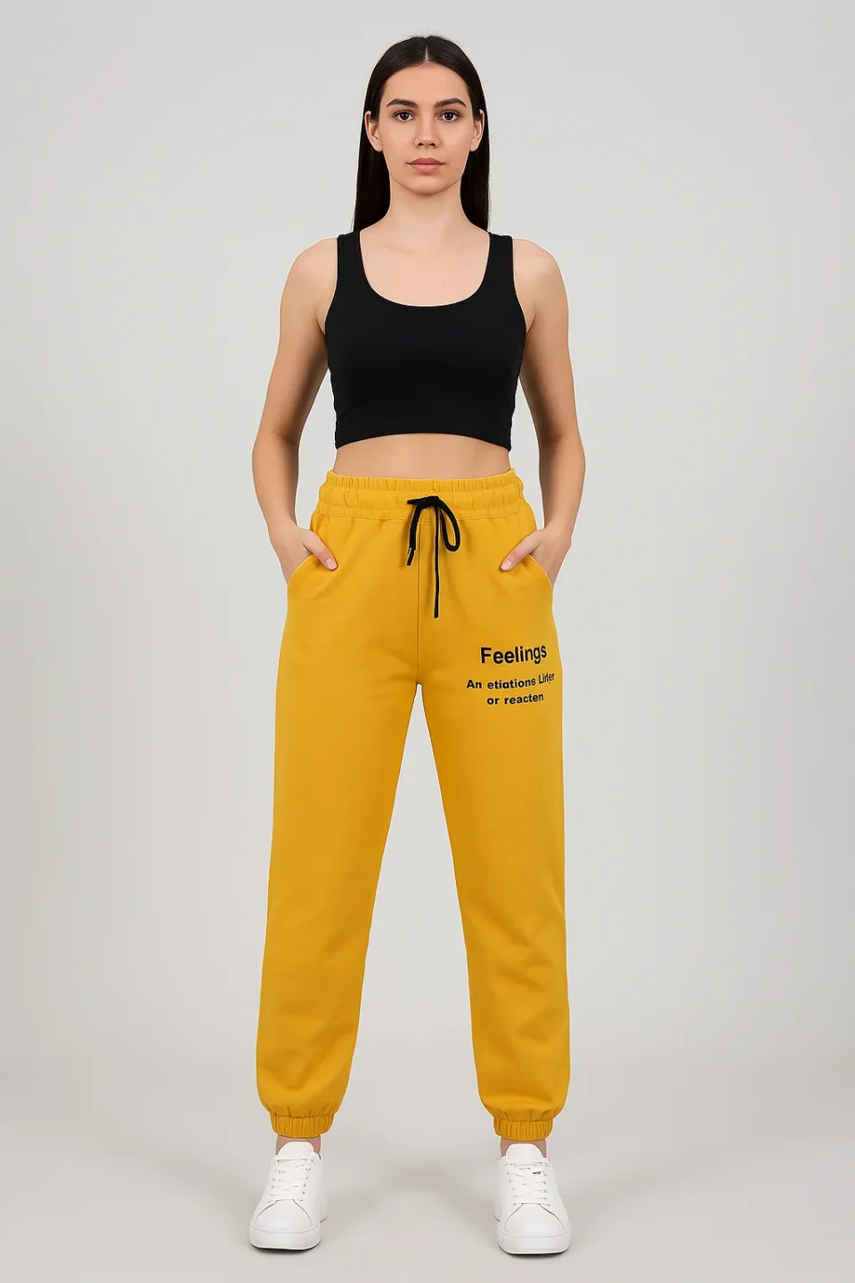Pantaloni de trening damă mustar cu șiret și imprimeu "Feeling"