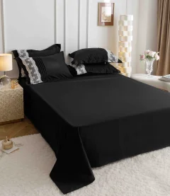 Lenjerie de Pat Dublu din Finet 6 pcs - Inimi Brodate NEGRU 810