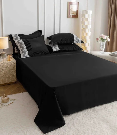Lenjerie de Pat Dublu din Finet 6 pcs - Inimi Brodate NEGRU 810