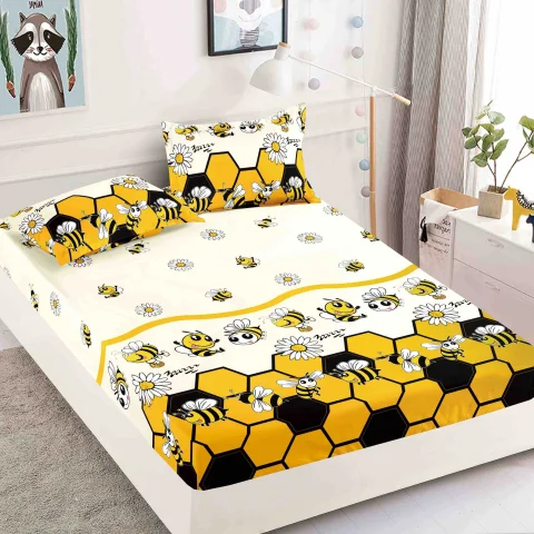 Husa de pat cu elastic pentru pat de 2 persoane GALBEN cu albinute